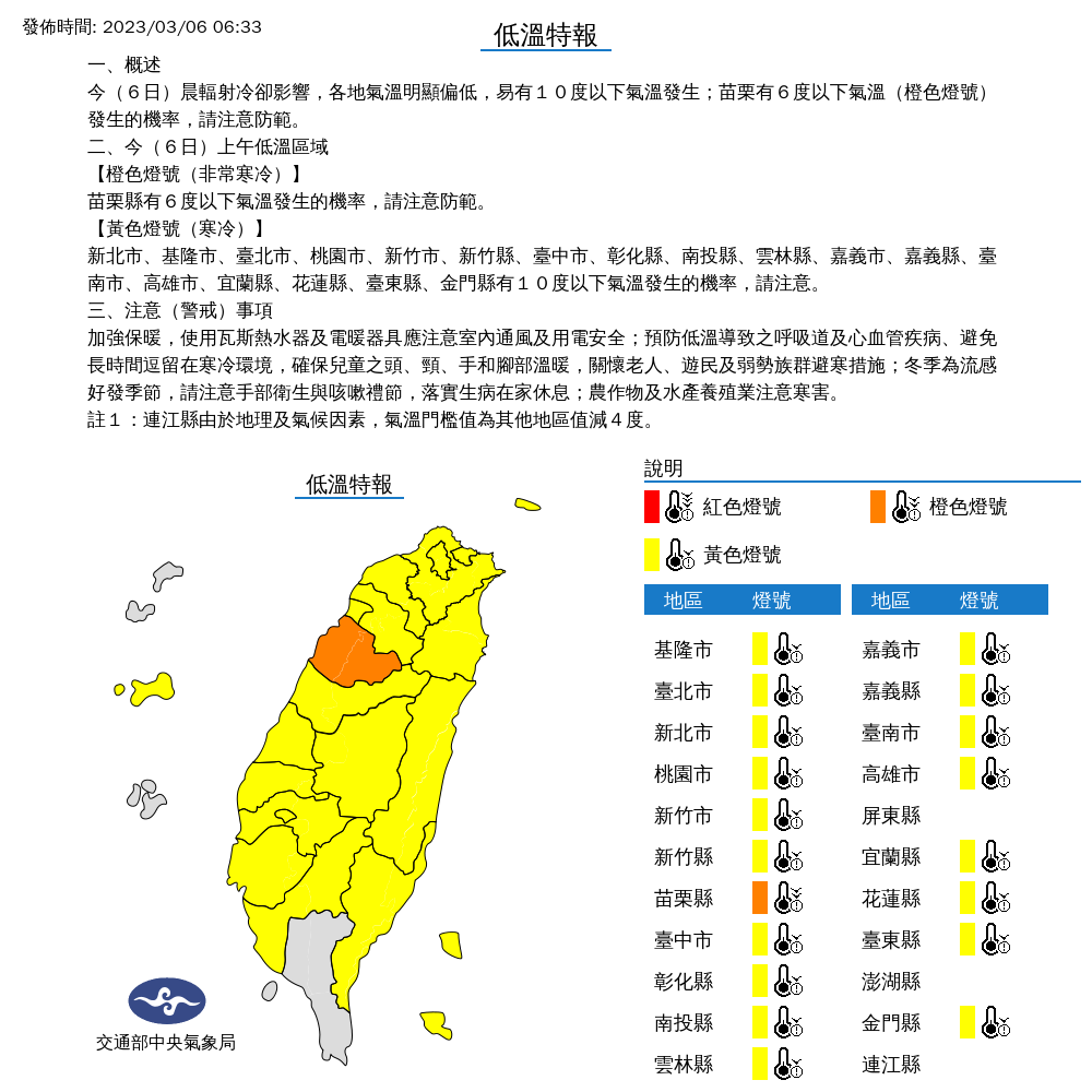 氣象局表今晨對18縣市發布「低溫特報」。(翻攝自氣象局)