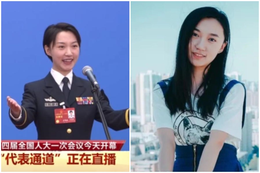全國人大代表、中國首艘航母遼寧艦美女少校朱悅萌出場亮相引發討論。（翻攝自央視、微博）
