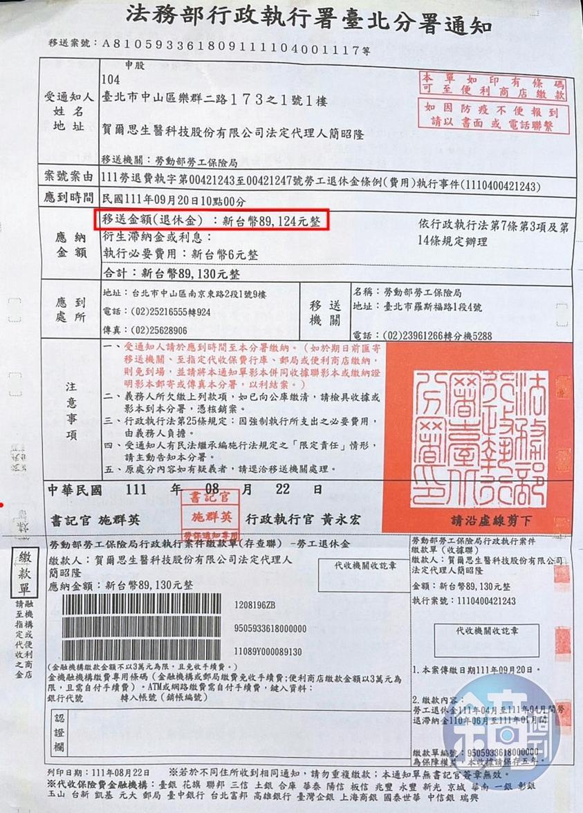 因未替員工投保勞保,醫美診所常收到強制執行的通知書。(讀者提供)
