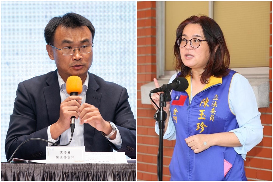 陳玉珍（右）質詢時批評澳門雞蛋可以來台，金門雞蛋卻不行「根本是一國兩制」，農委會防檢局晚上急發聲明澄清。左為農委會主委陳吉仲。（本刊資料照）