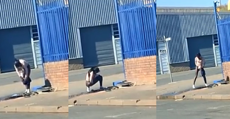 網路瘋傳一段40秒影片，影片中一名妙齡女子當街脫褲，用水溝水洗下體。（翻攝臉書粉專「Imithi Amaphupho lezi washo zakithi ENjelele」）