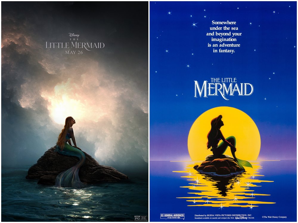 真人版《小美人魚》海報（左圖）釋出，向動畫版海報（右圖）致敬。（翻攝Halle Bailey IG、維基百科）