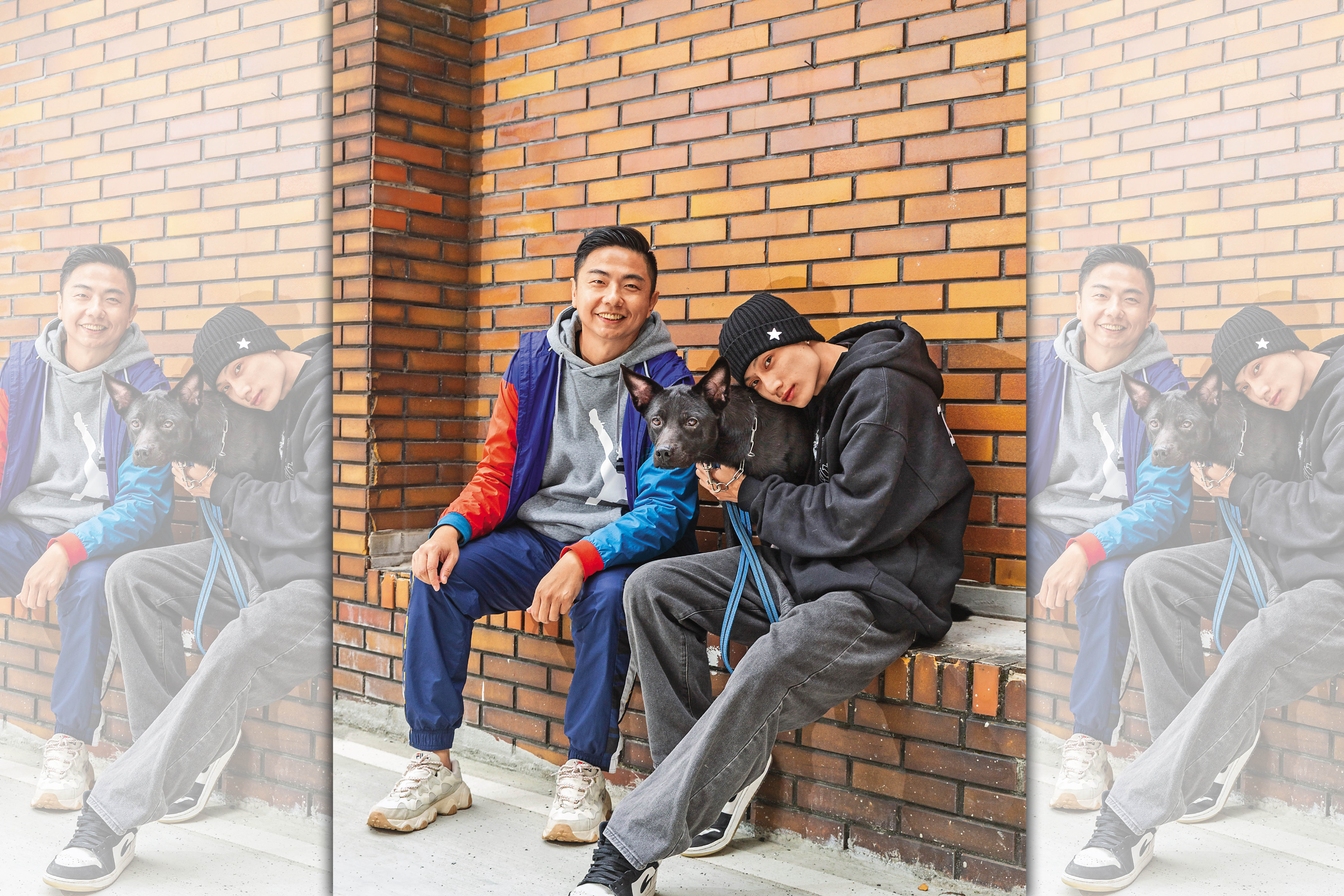 唐立杰（右起）帶著在山上撿回來的浪浪達浪，一起上熊爸節目《熊爸估狗》。