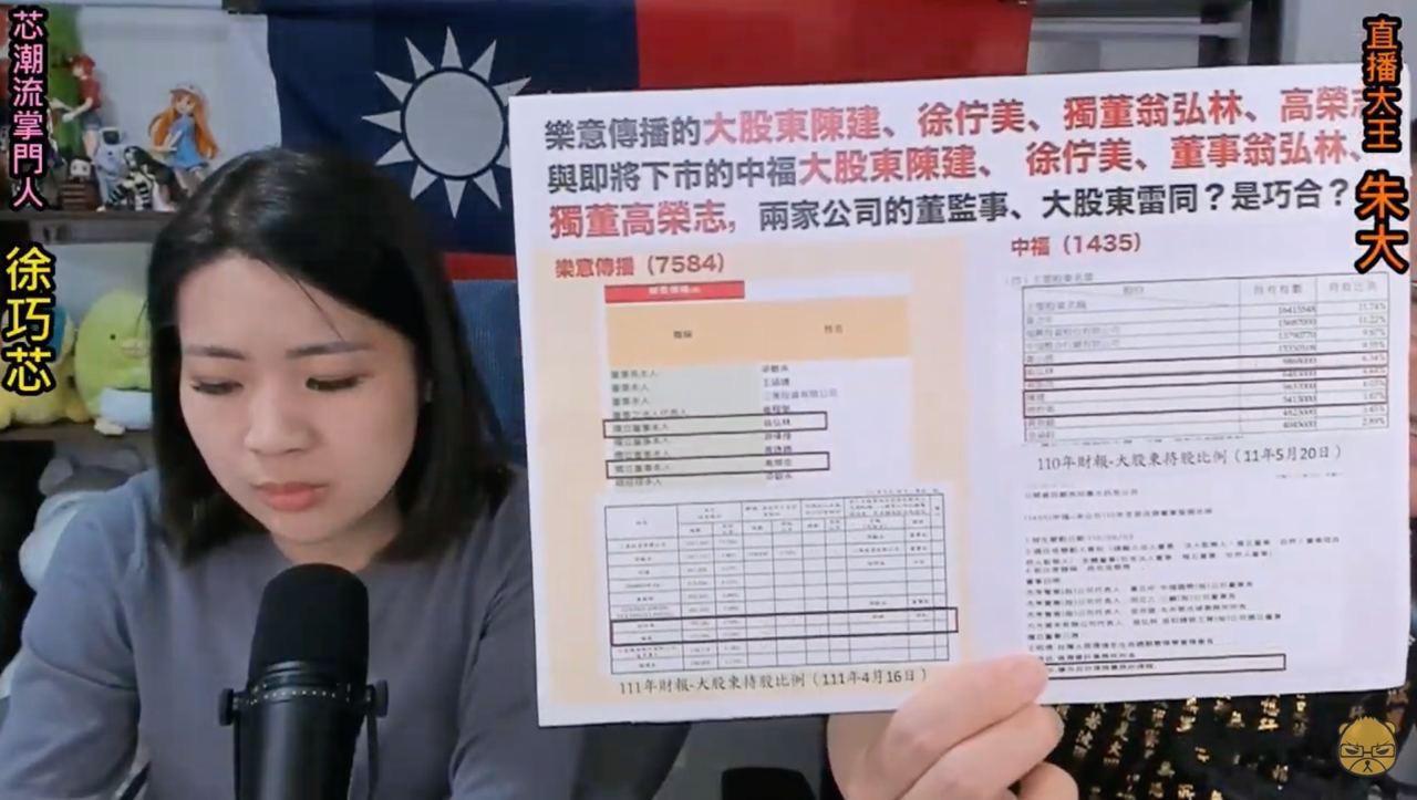 宅神朱學恒昨直播時質疑中福、樂意兩家爭議頻傳的上櫃公司背後都是同一批人,呼籲相關單位介入調查。(翻攝朱學恒YouTube)