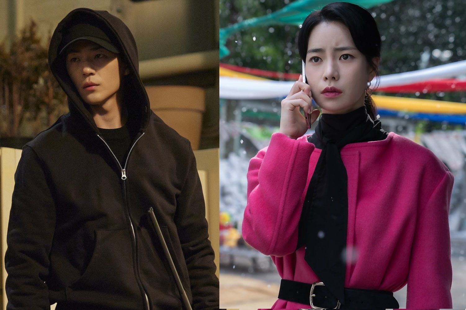 《黑暗榮耀》中飾演「朴涎鎭」的林知衍（右圖）為第二季上線宣傳發文，引來《浪漫速成班》「智室長」辛載夏回應。（左圖翻攝自J WIDE COMPANY NAVER POST，右圖Netflix提供）