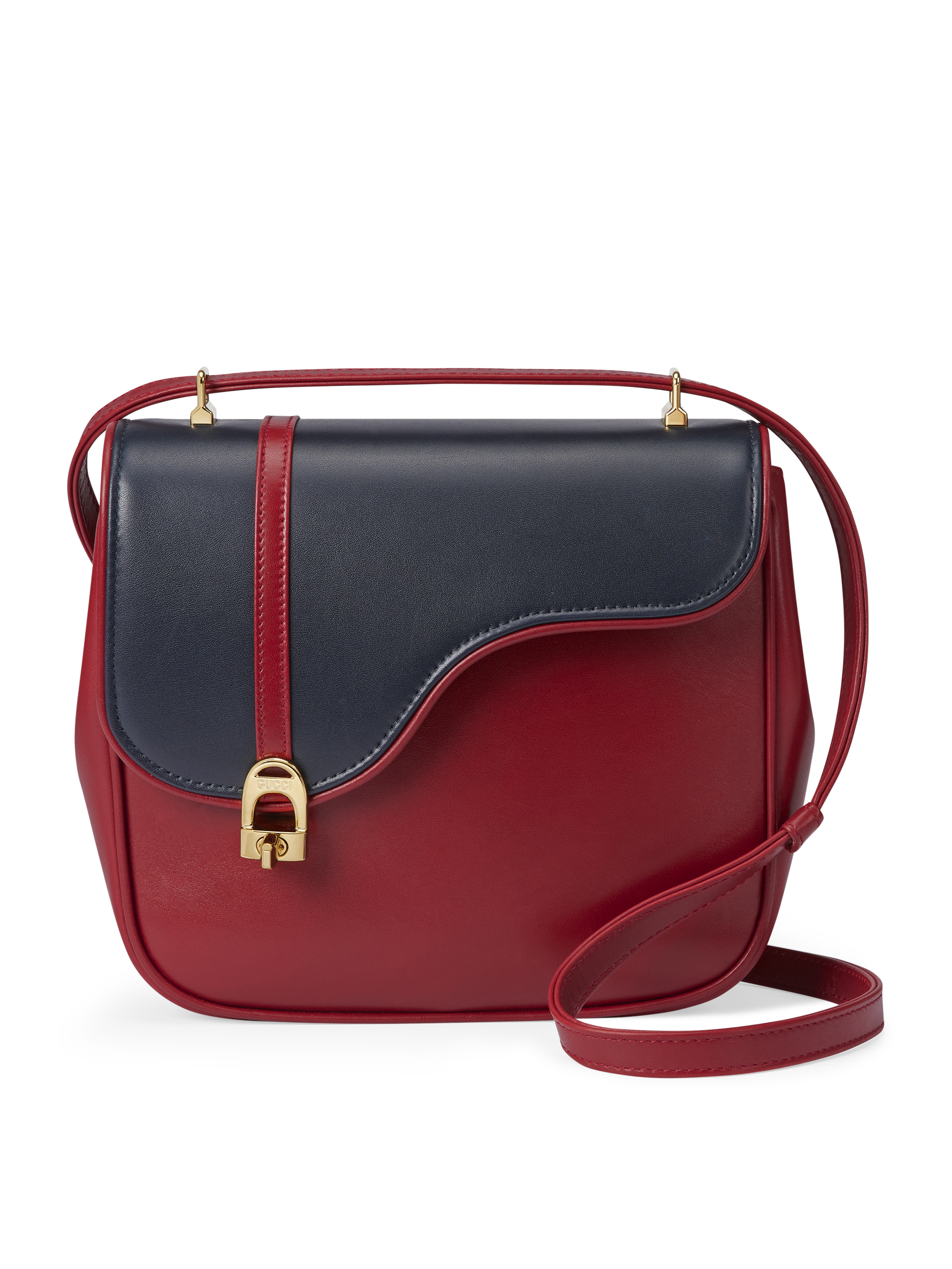 EQUESTRIAN藍紅皮革撞色馬術方包。NT$119,300(古馳提供)