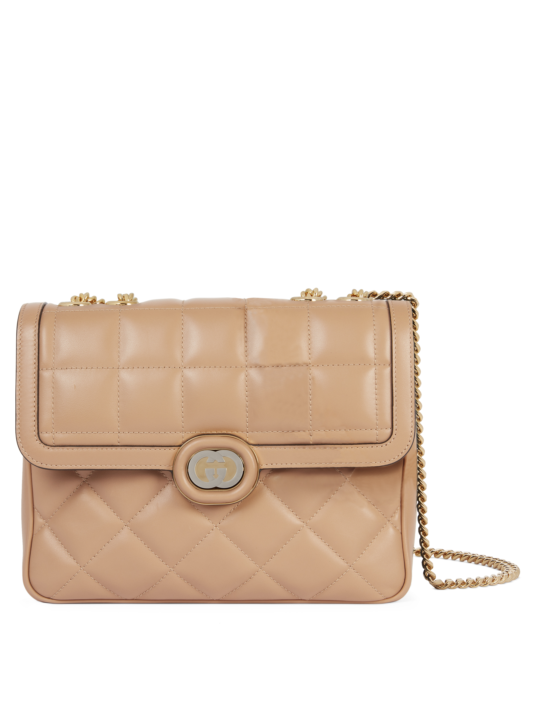 GUCCI DECO奶茶色迷你格縫鏈帶包。NT$94,700(古馳提供)