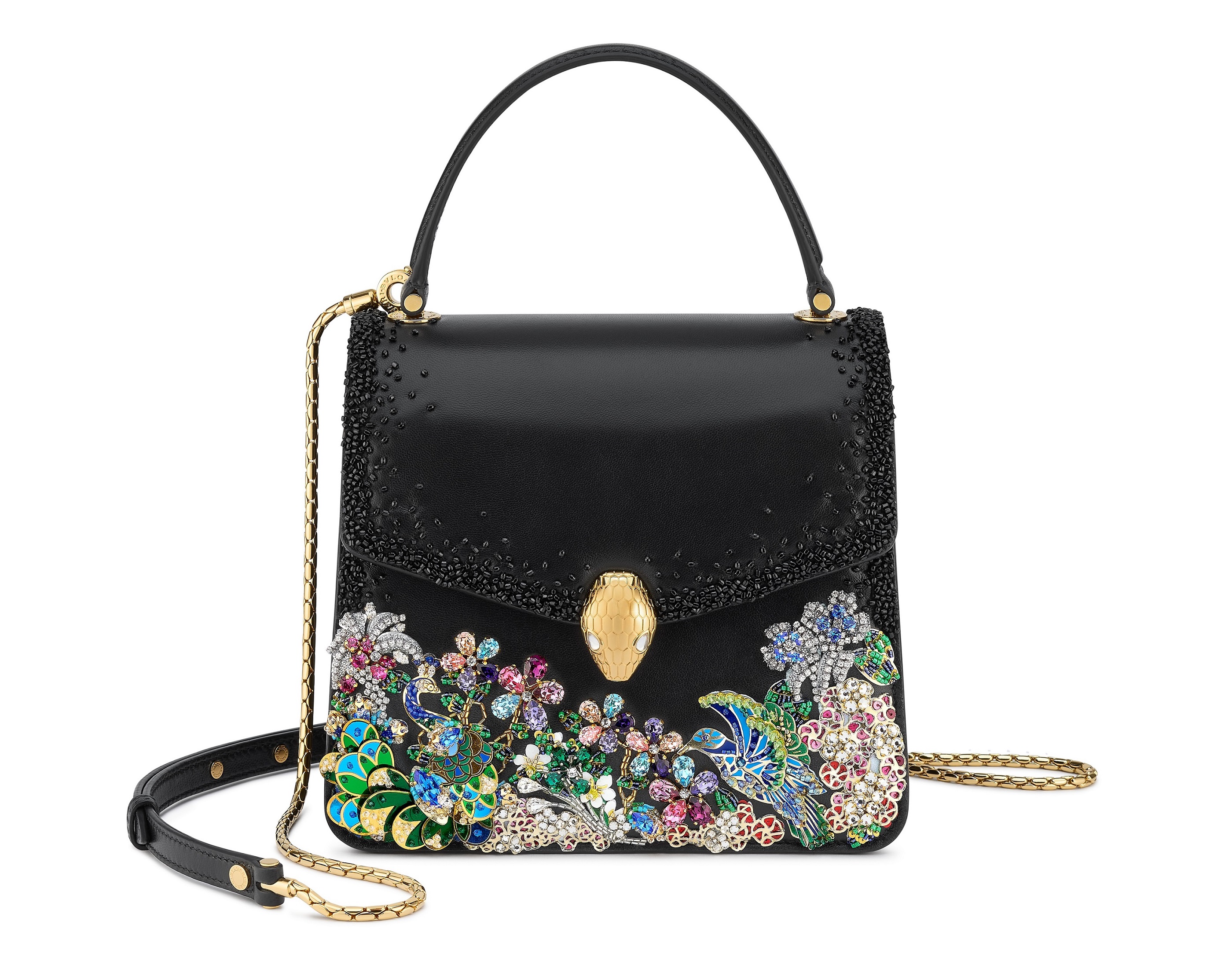 Mary Katrantzou X BVLGARI Serpenti Forever聯名系列Serpenti Midnight Garden of Eden黑色小羊皮手提肩背包。NT$593,000(寶格麗提供)
