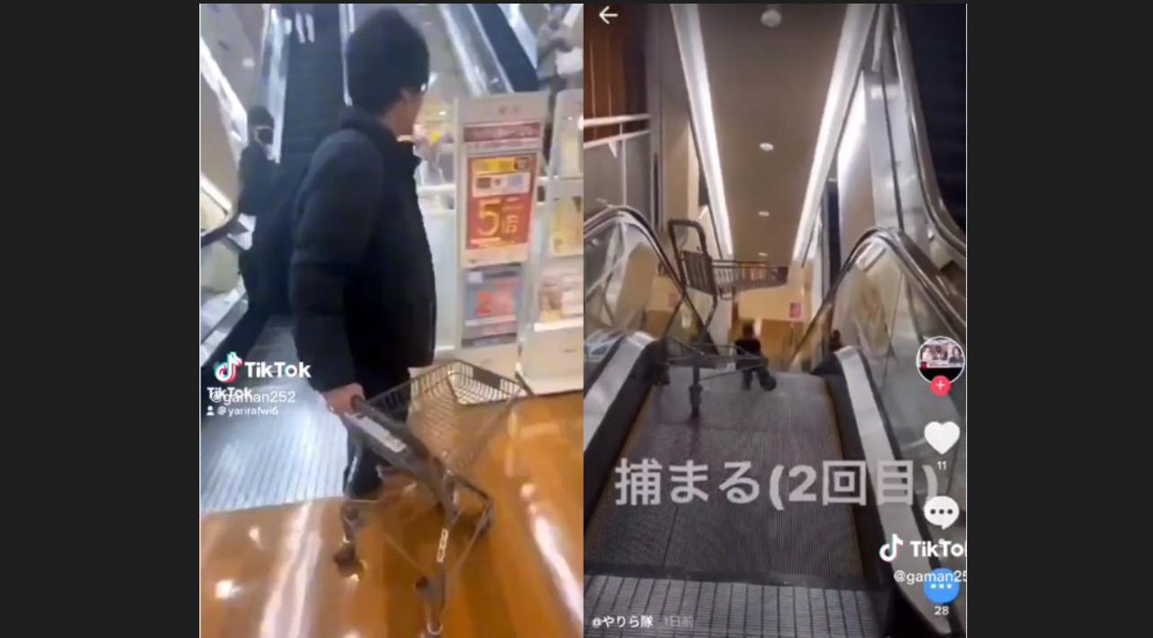 日本一群青少年在百貨公司內故意將手推車推落手扶梯惡作劇。(翻攝抖音@gaman252)