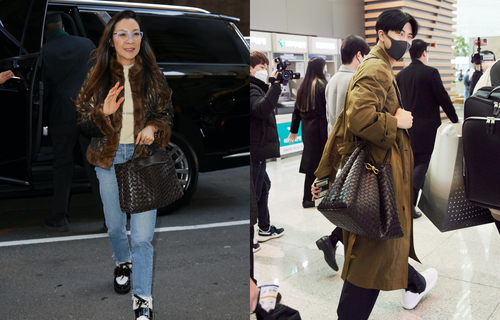 （左起）楊紫瓊與RM皆選用Andiamo深棕色皮革編織提包亮相。（BOTTEGA VENETA提供）