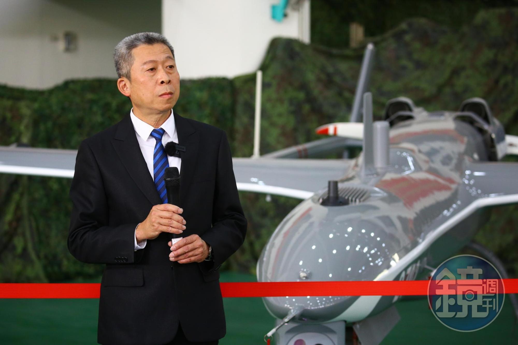 中科院航空所所長齊立平（圖）主持「軍用軍規」無人機研發成果記者會。