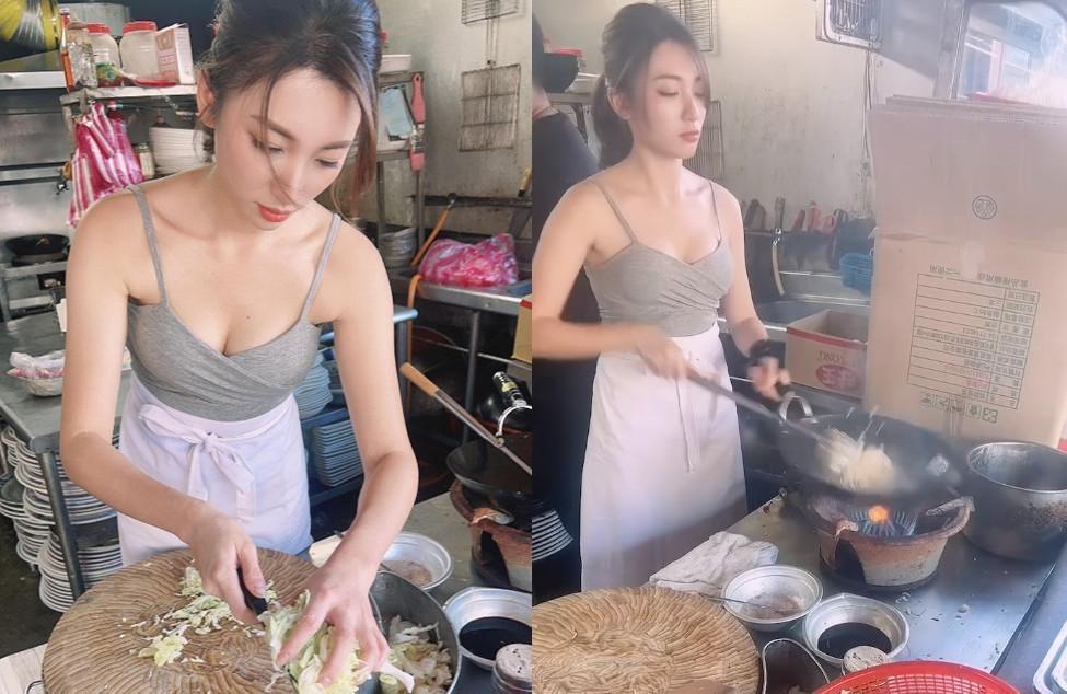 女模林彤疫情期間勤練廚藝，在熱炒店掌廚照片在網路爆紅。（翻攝《爆廢公社》）