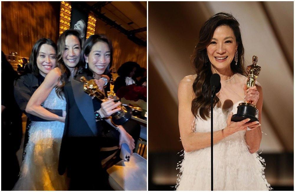 楊紫瓊在奧斯卡慶功宴與繼女潘楚穎(左圖右)慶祝。(翻攝deedeepoon IG、michelleyeoh_official IG)