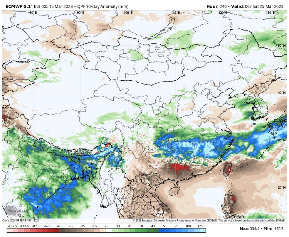吳聖宇曝光ECMWF預測未來10天的降雨量距平,可看出台灣附近仍為雨量偏少的負距平區域。(翻攝自吳聖宇臉書)