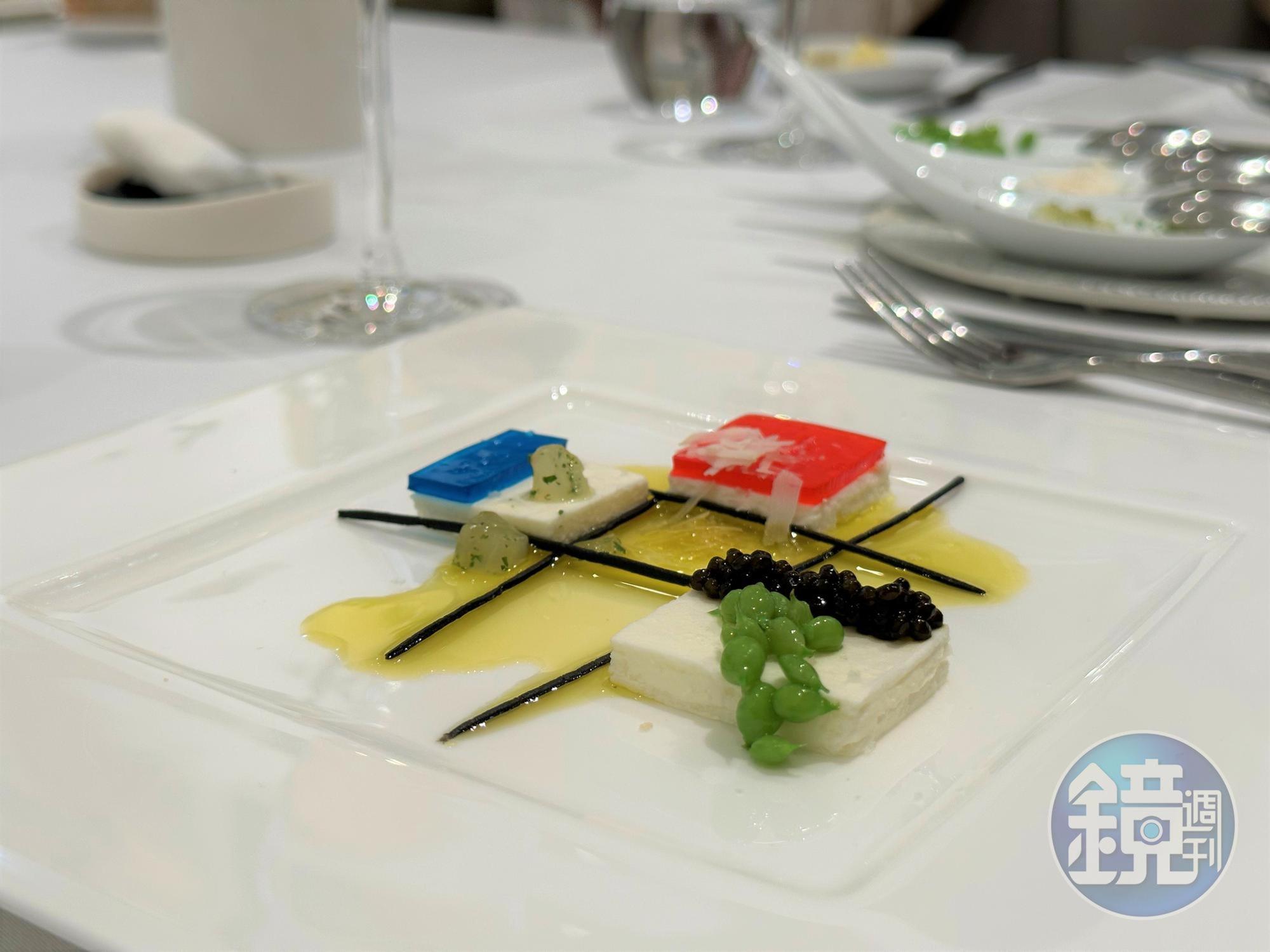 前菜「蒙德里安」，讓客人自己擺放甜豆仁、刨絲的夏威夷豆和萬壽菊青葡萄，感受與主廚共同創作的樂趣。（3,680元春季晚間套餐內容）