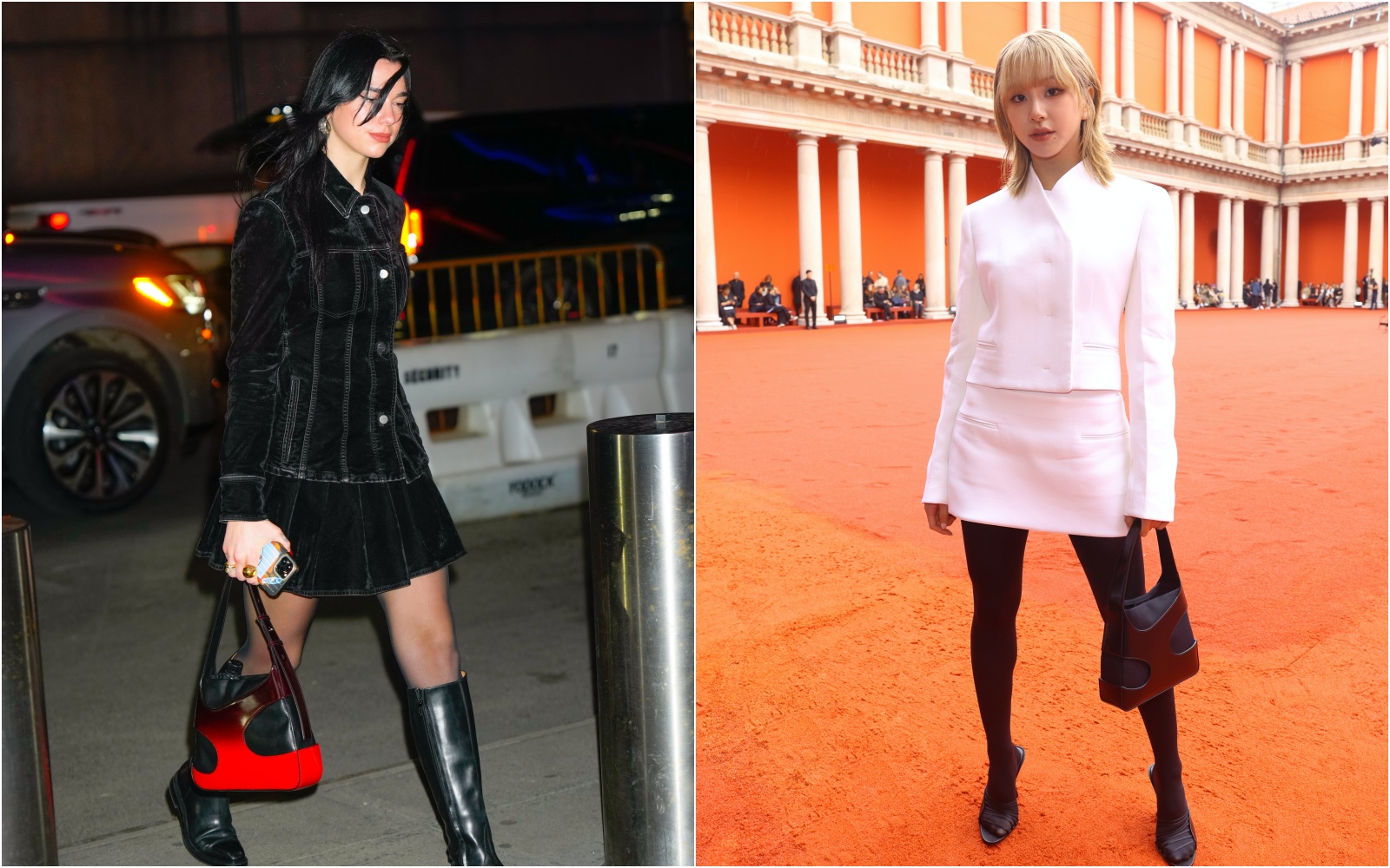 （左起）於紐約觀看NBA尼克隊的Dua Lipa、以及出席米蘭時裝週的韓國女團TWICE成員彩瑛，都已先提著鏤空包款亮相。（FERRAGAMO提供）