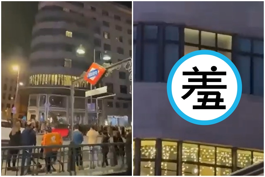 入住馬德里鬧區一家4星級飯店房客的性愛剪影引發群眾圍觀。（翻攝自推特）