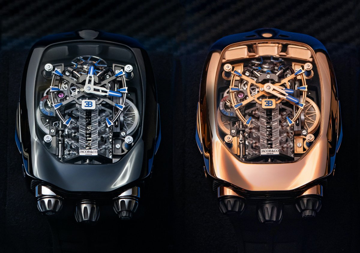 JACOB & CO.此錶與BUGATTI Chiron超級跑車同名，整只錶的外殼設計，便是來自Chiron跑車的流線造型，而機芯更重現W16引擎的16氣缸活塞壓縮機制與避震系統，啟動後可以見識到水晶引擎模擬活塞壓縮動作的畫面，活脫就是把一輛超跑縮小後戴在手上。定價：約NT$10,590,000（黑鈦款）；NT$11,290,000（藍鈦款）；NT$13,410,000（K金款）