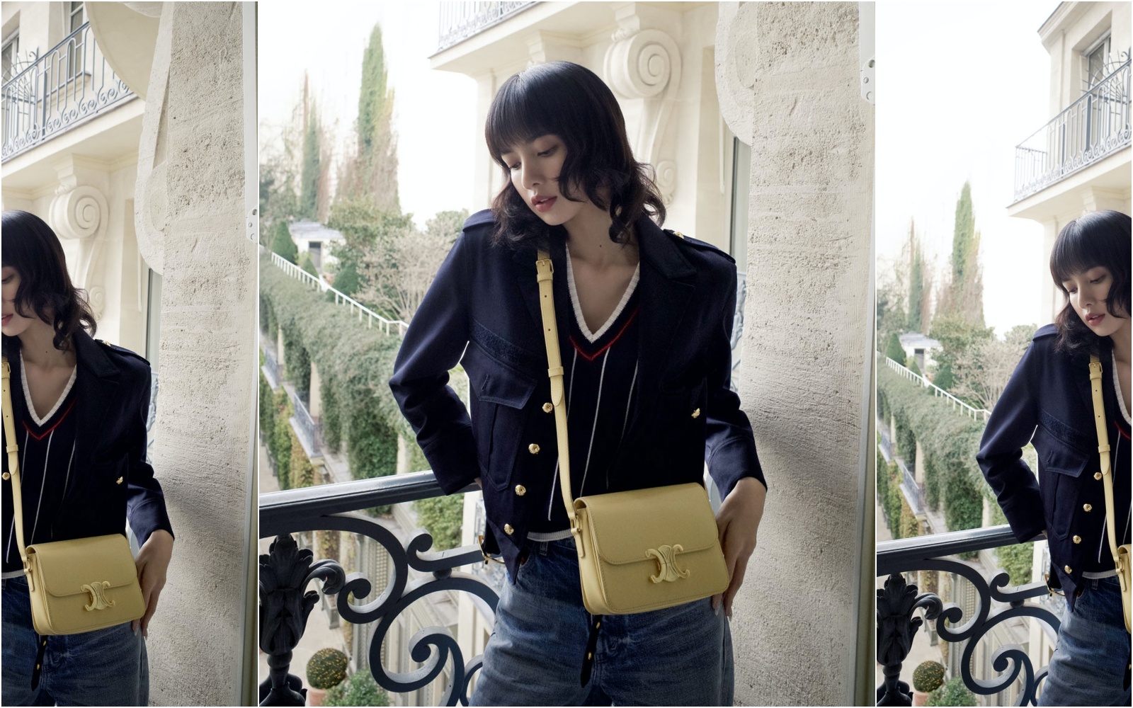 Lisa穿著V領直條紋背心、軍裝風格短版外套搭配丹寧褲，身上斜背著花粉色Triomphe手袋，傳達一種春日閒適風情。（CELINE提供）