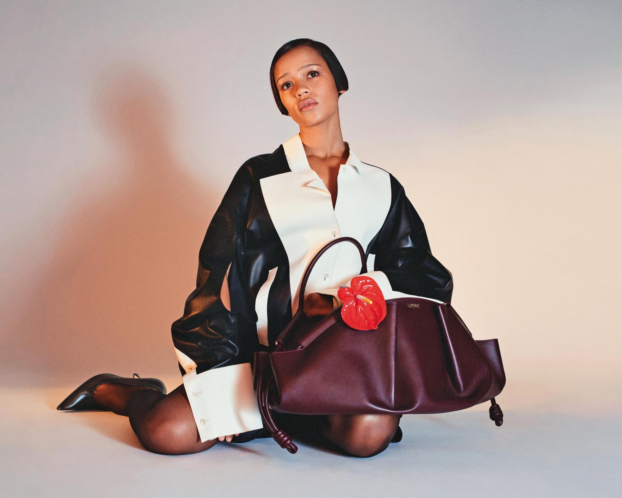 LOEWE全新Paseo包款有著圓弧柔潤的外型並綴上招牌Flamenco皮繩結。（LOEWE提供）