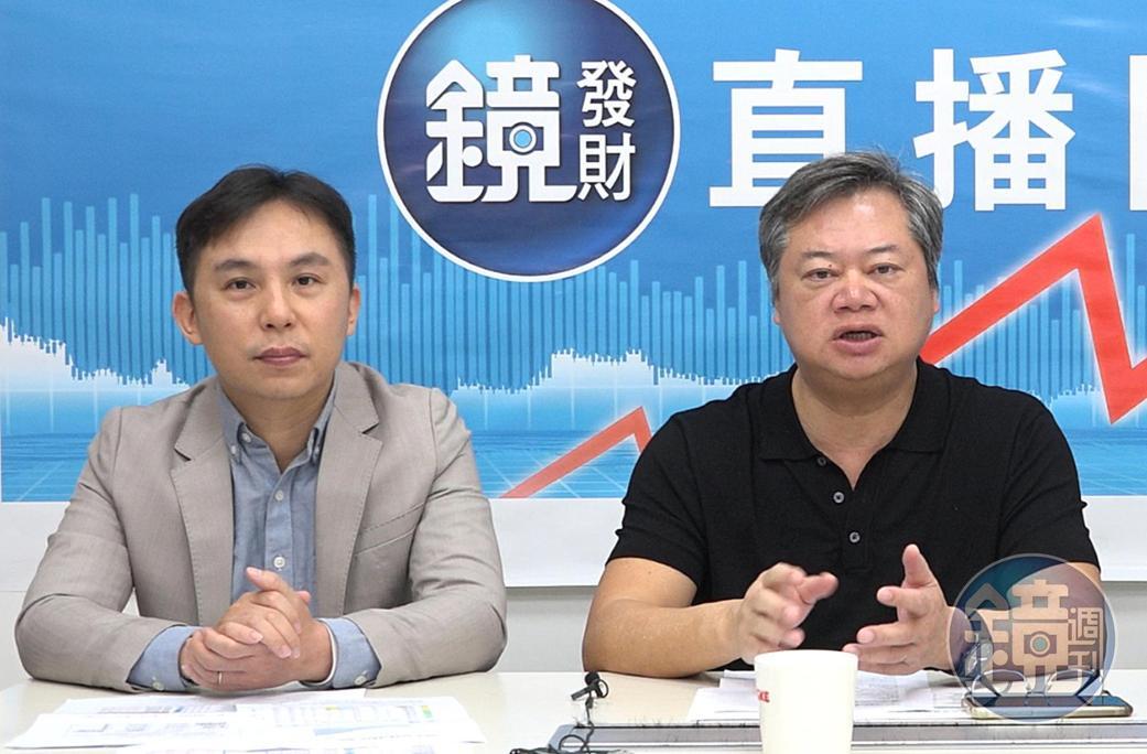 不敗教主陳重銘（右）將金融配息打8折，算出對00878影響一年約少60元。（圖左為國泰永續高股息ETF基金經理人游日傑）