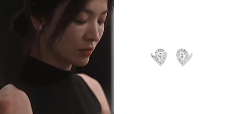 宋慧喬耳朵上的Joséphine Aigrette 18K白金耳環鑲嵌梨形切割鑽石明亮式切割鑽石。NT$ 363,000〈CHAUMET提供〉