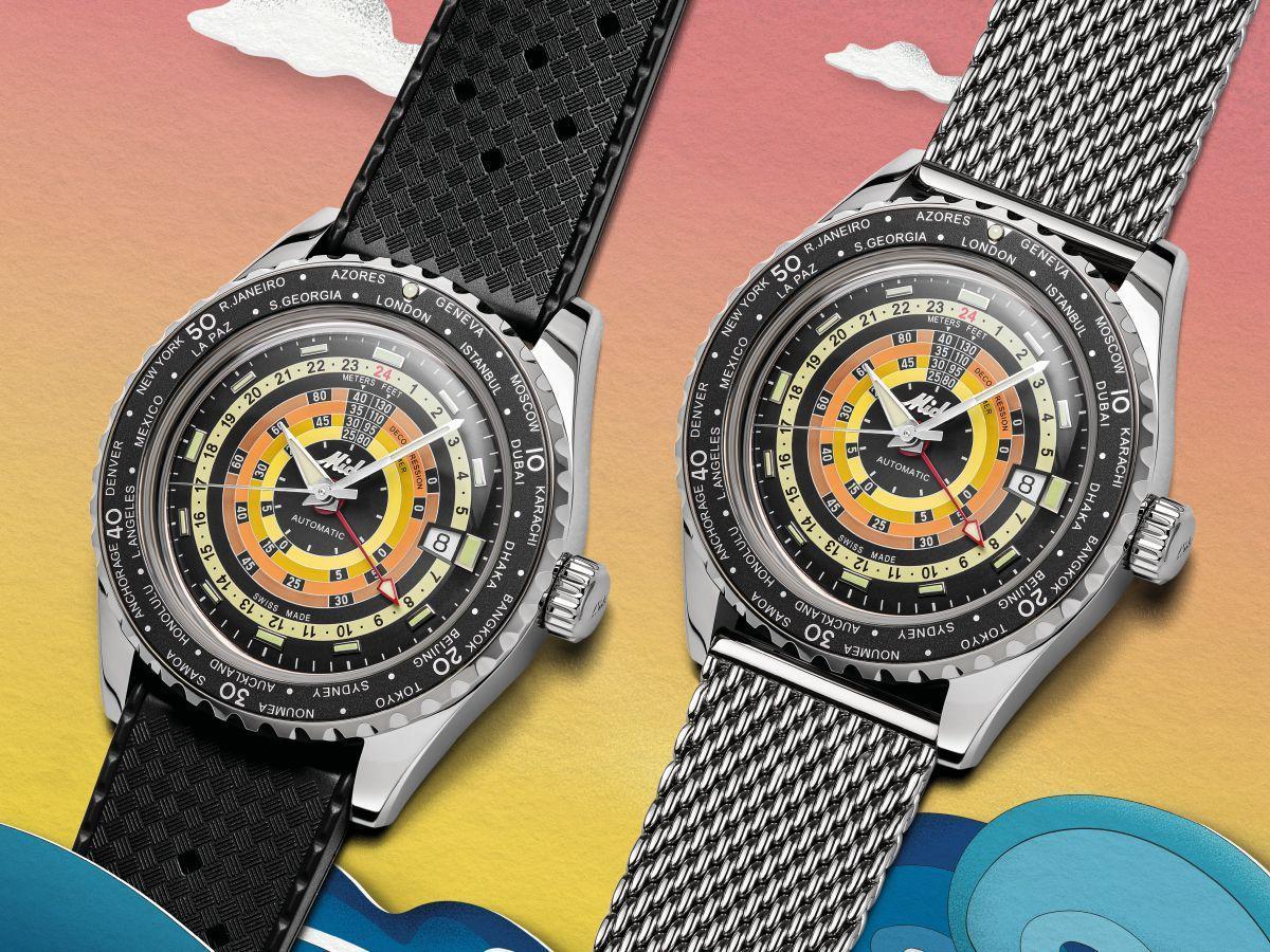 MIDO美度發表全新設計的Ocean Star Decompression Worldtimer 海洋之星「減壓彩虹圈」兩地時間錶。定價約NT$41,100。