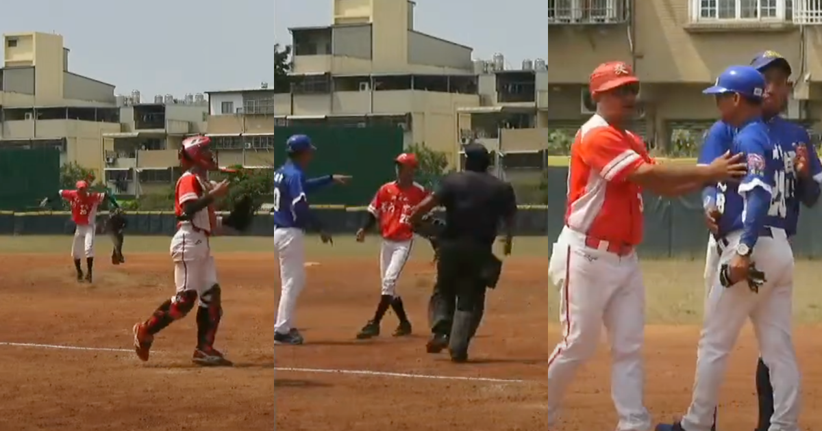 普門中學投手振臂歡呼，三民高中教練團卻一個個衝上前嗆聲。（翻攝自憨三直播YouTube）