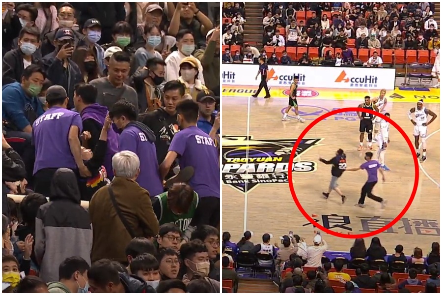 雲豹今天主場迎戰海神過程中，一名觀眾突然衝進場內造成賽事中斷。（翻攝自T1 LEAGUE YT頻道）