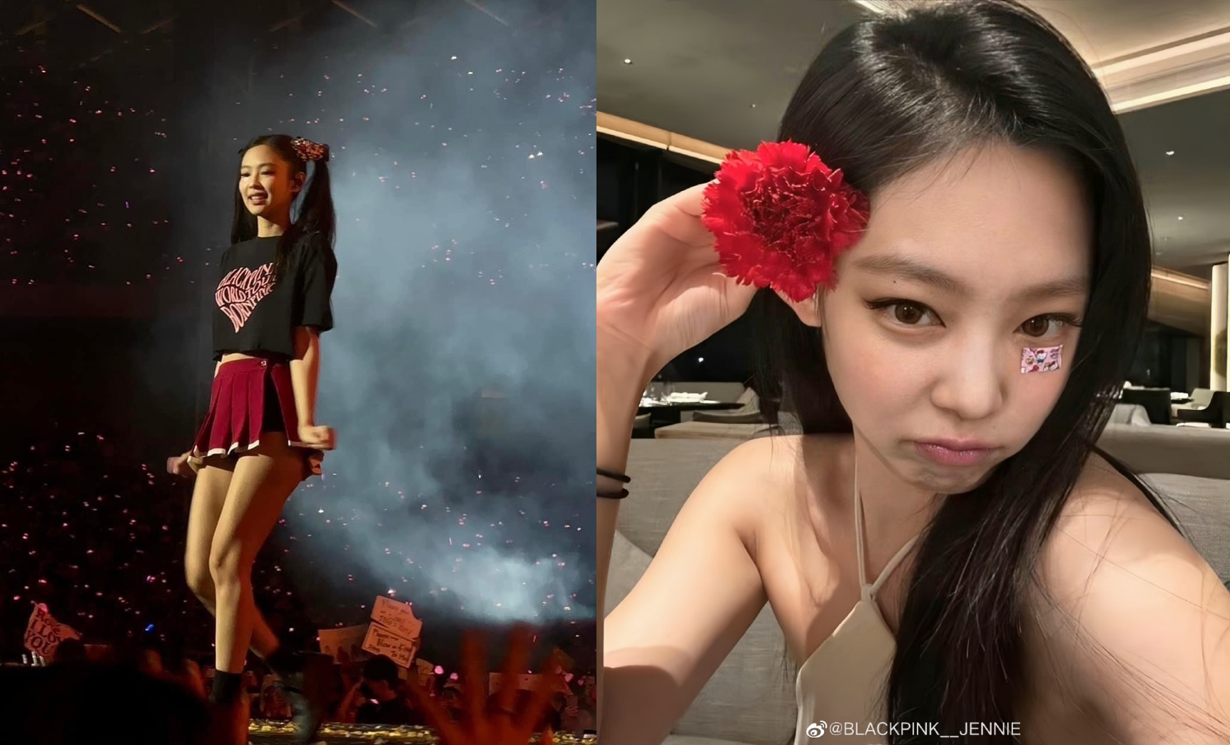 BLACKPINK今晚在高雄將帶來第二場演唱會，上午微博出現疑似BLACKPINK Jennie帳號稱「愛中國台灣」。（左讀者提供，右翻攝BLACKPINK__JENNIE微博）