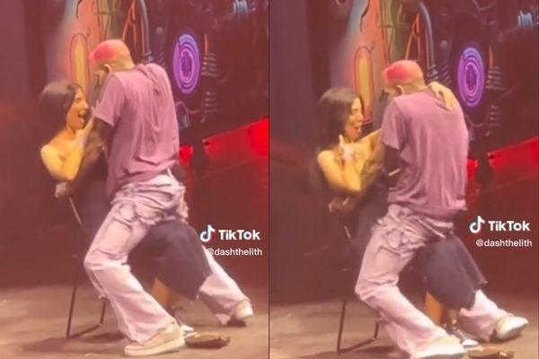 美國知名饒舌天王克里斯小子在台上與女粉絲煽情互動。（翻攝自TikTok）