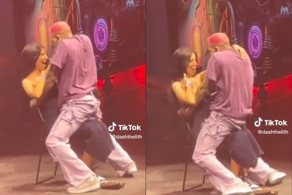 美國知名饒舌天王克里斯小子在台上與女粉絲煽情互動。（翻攝自TikTok）