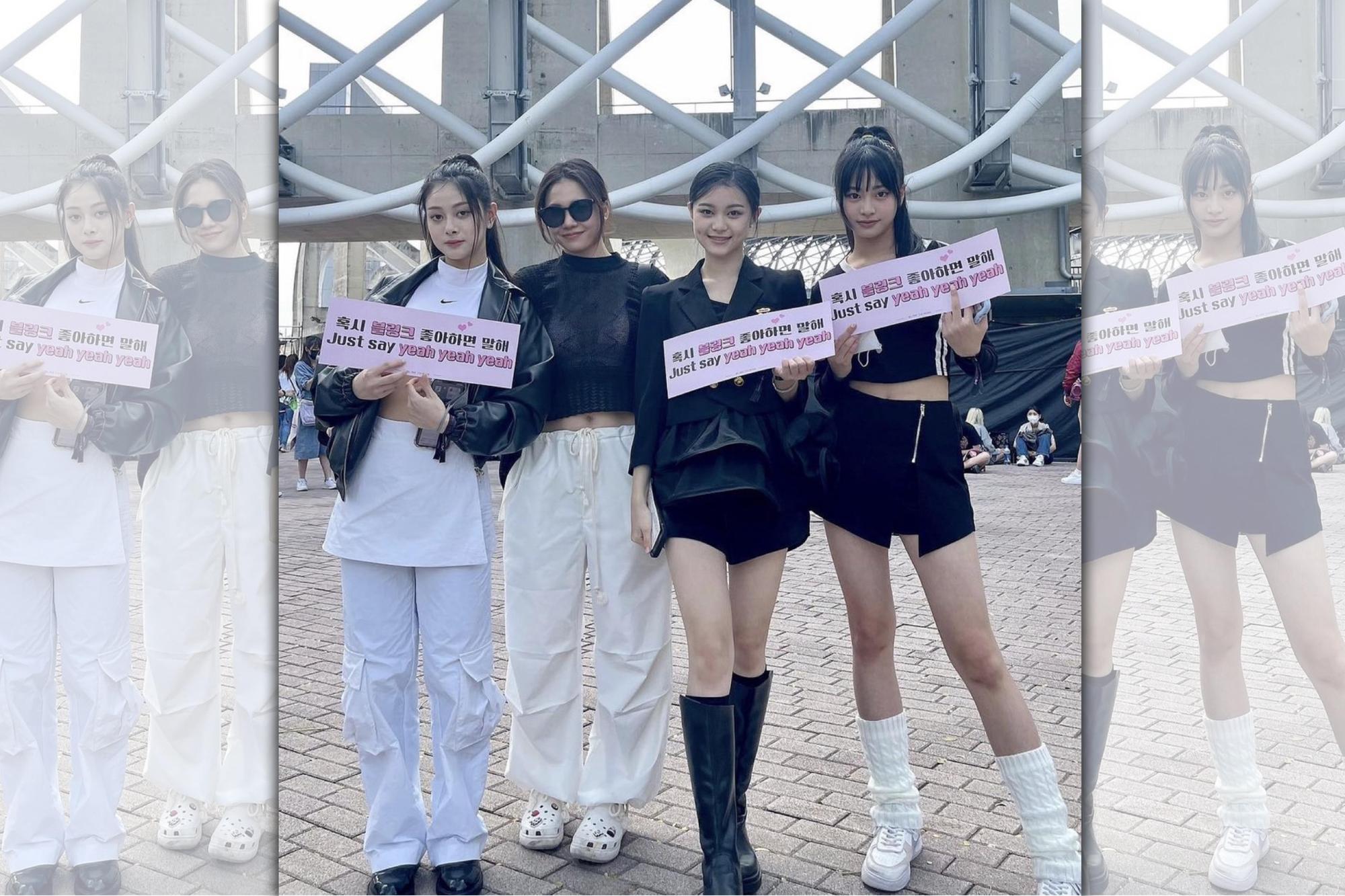 《未來少女》練習生王心茗(左1)、 Nico(右1)、許媛媛(右2)與舞蹈老師金智湖開心到高雄看BLACKPINK演唱會。(踢帕娛樂提供)