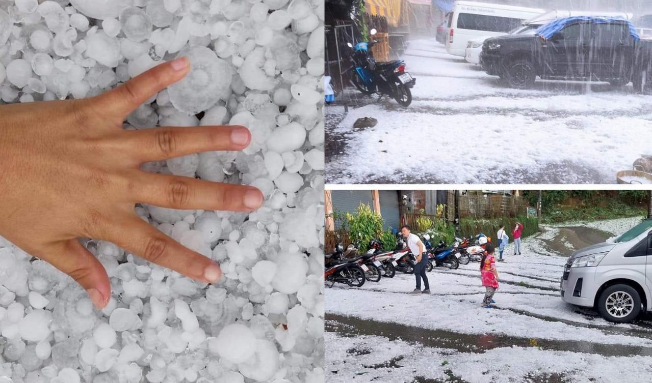 泰國清邁突然下起大量冰雹,地面殘留圓形冰球。(翻攝推特@ThaiNewsReports)