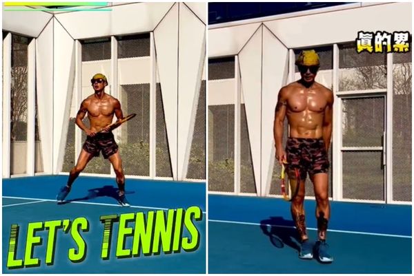 吳尊脫衣秀出一身健壯肌肉。(翻攝自吳尊微博)