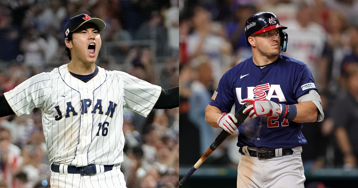 大谷翔平（左）對決「神鱒」（右）真的在經典賽冠軍戰上演了。（翻攝自推特@MLBONFOX）
