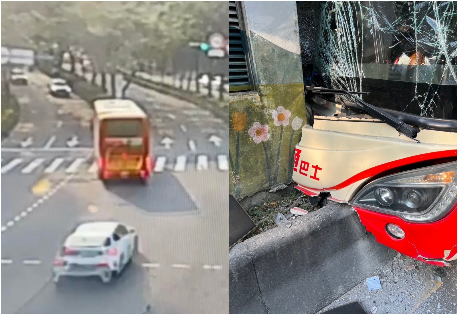 監視器拍下高男駕駛的遊覽車一直往左偏移，直到撞上分隔島才停下，車頭因自撞造成嚴重毀損。（翻攝畫面）