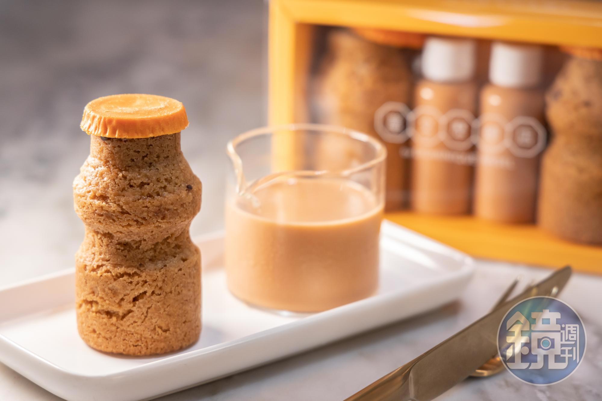 以The Cookie Shot改良的「港式奶茶曲奇杯」,要自己把冷萃奶茶倒入肉桂味餅乾杯享用。(港幣48元/個、2件裝禮盒港幣108元/份)