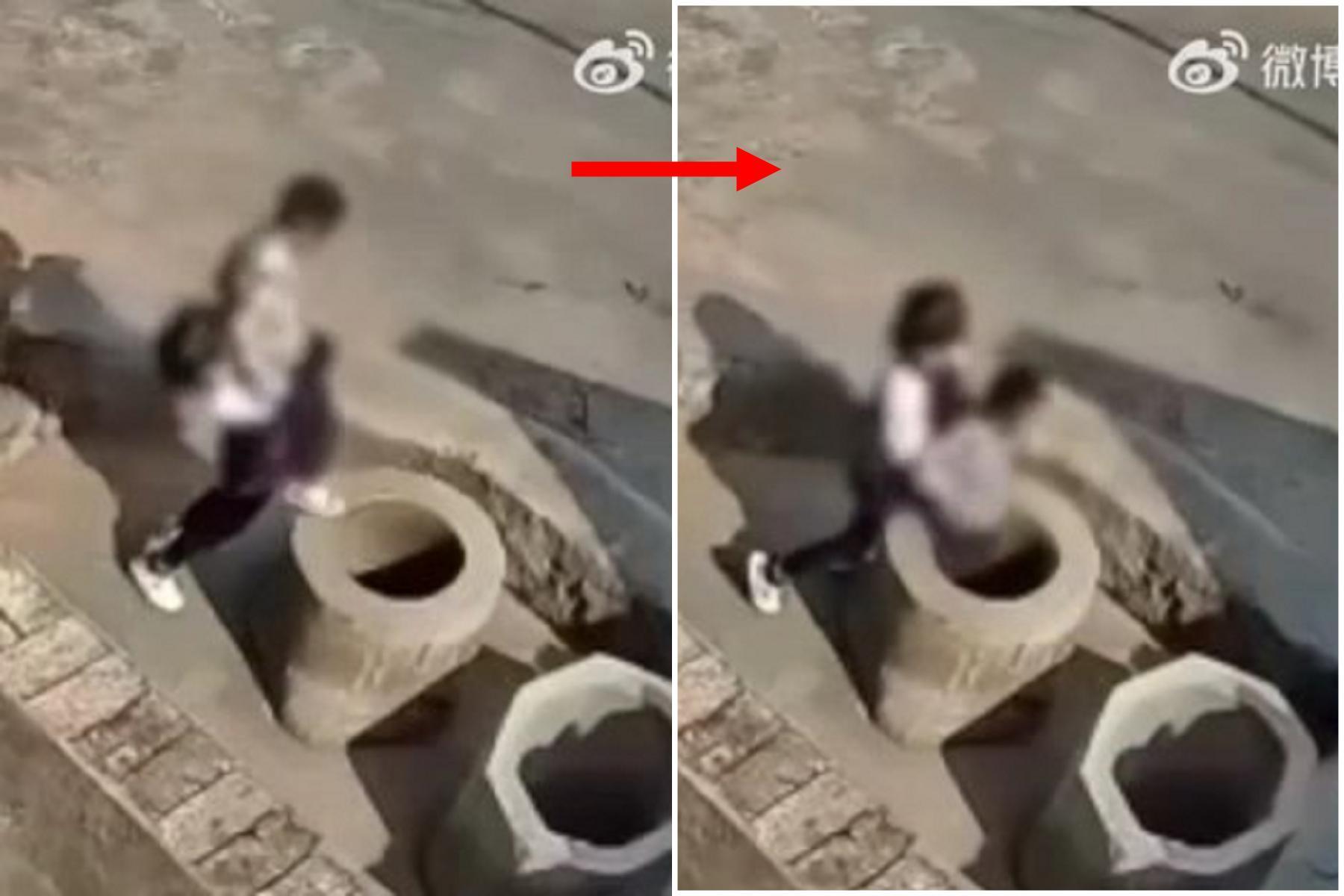中國小妹妹太狼性!徒手抱起男童直接往井裡丟,不管死活。(翻自微博)