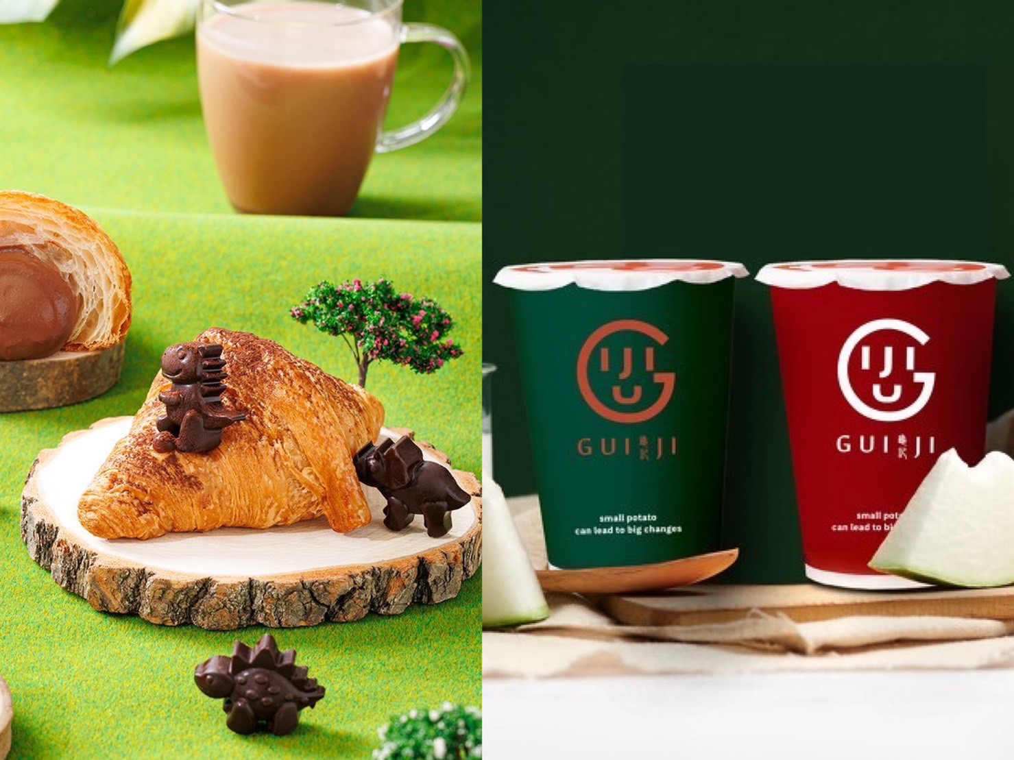 可頌、手搖飲品牌不約而同為兒童節推出專屬新品。（左，八月堂提供、右，龜記提供）
