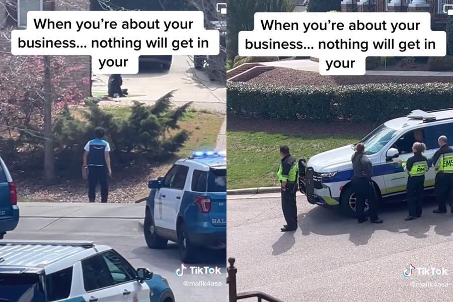 一名快遞男無視一堆警車和警力布署,直接闖入對峙現場送包裹。(翻攝自TikTok)