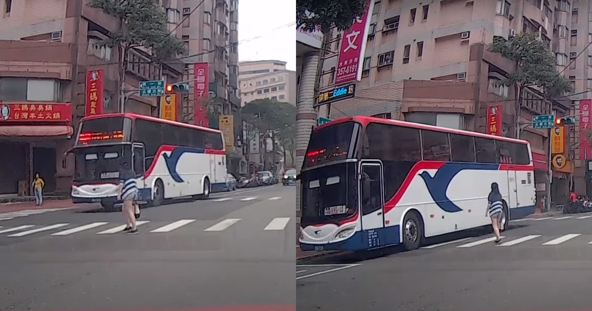 一輛指南客運大車在桃園闖紅燈還刷卡路人。（翻攝自WoWtchout - 地圖型行車影像分享平台）