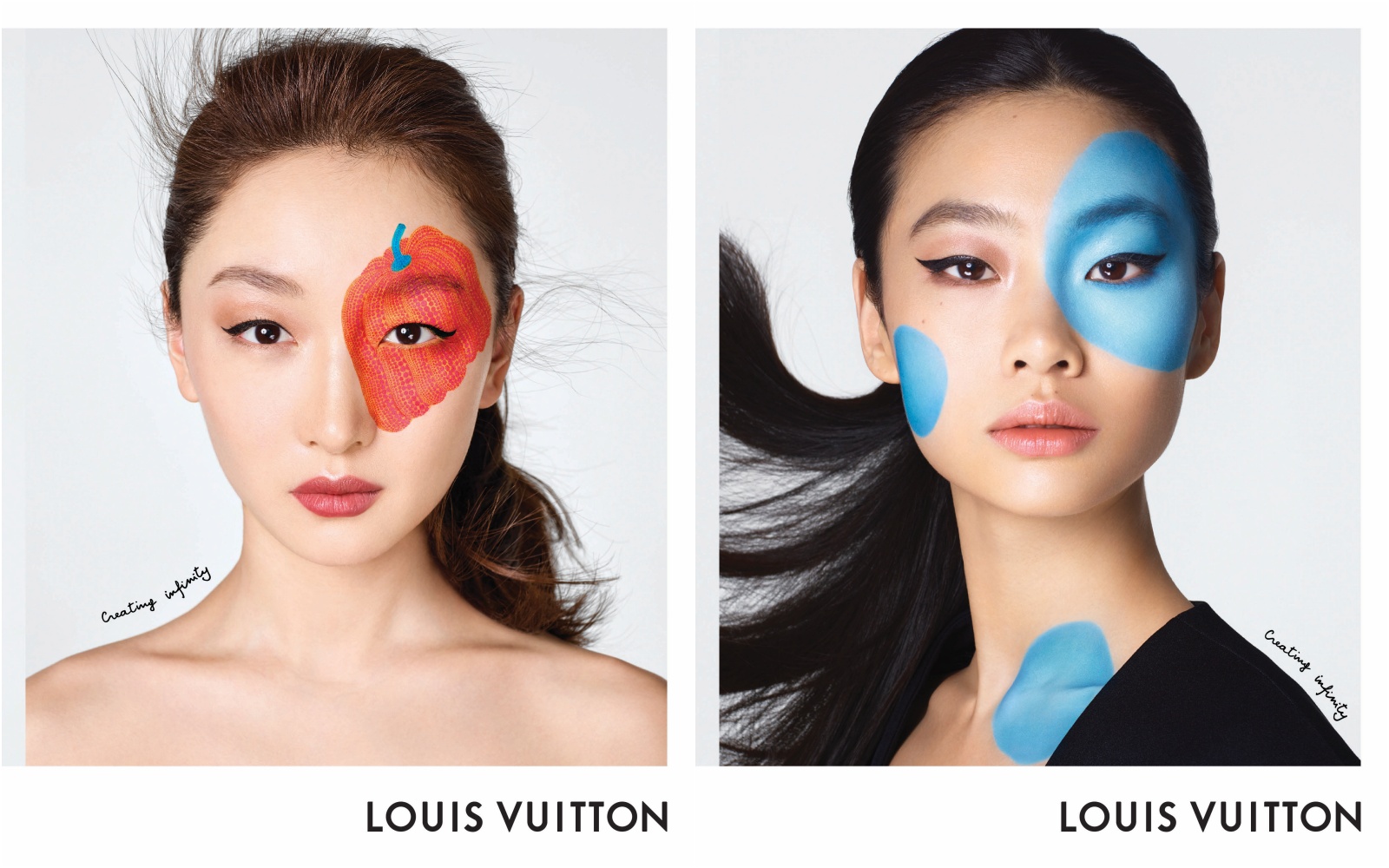 （左起）周冬雨、鄭好娟讓草間彌生獨特的圖案畫在自己臉孔上，各自闡述不同的時尚態度。（路易威登提供）