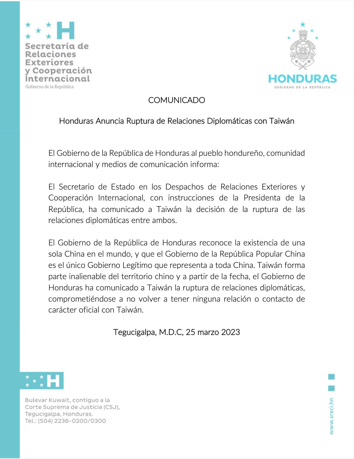 宏都拉斯斷交聲明文。（翻攝自Cancillería Honduras Twitter）
