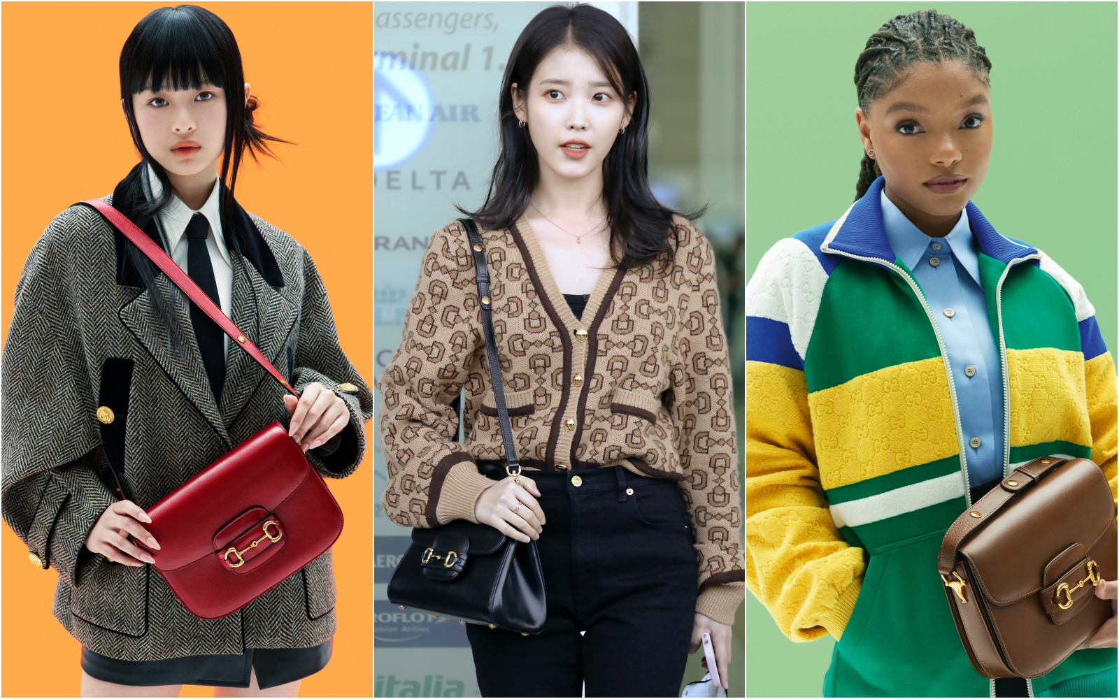 NewJeans成員Hanni（左起）、韓國女星以及IU《小美人魚》女主角Halle Bailey以不同風格詮釋各自的GUCCI Horsebit 1955系列包款。（古馳提供）