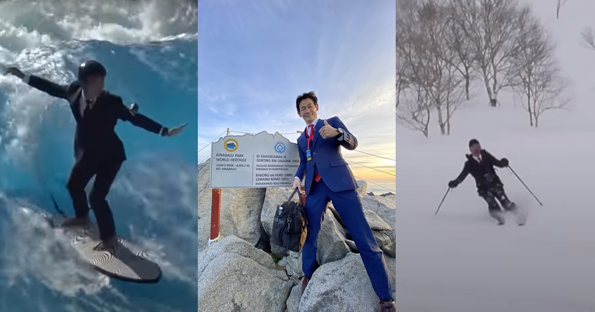 日本西服店社長穿著自家全套西裝上山下海，證明自家西裝品質良好。（翻攝自推特@sandarsn、YT@ordersuitSADA）