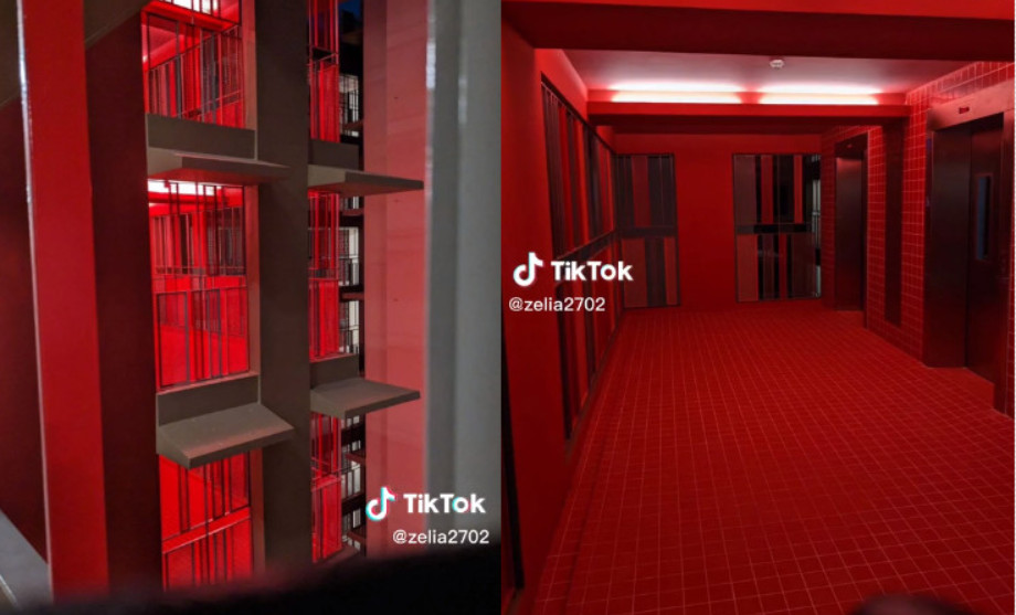 新加坡一處公寓大樓設計都採用紅色,入夜後整片血紅十分恐怖。(示意圖,翻攝抖音@zelia2702)