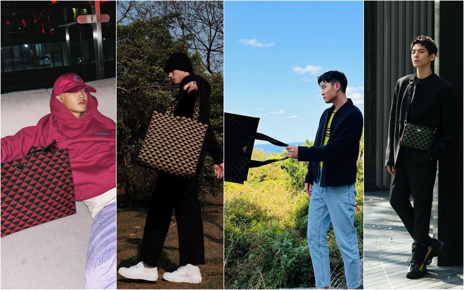 （左起）吳思賢、范少勳、周興哲與林柏宏各自以不同風格，詮釋Symbole包款。（PRADA提供）