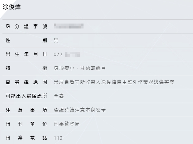 刑事局發布緊急查緝專刊。(翻攝自刑事局官網)