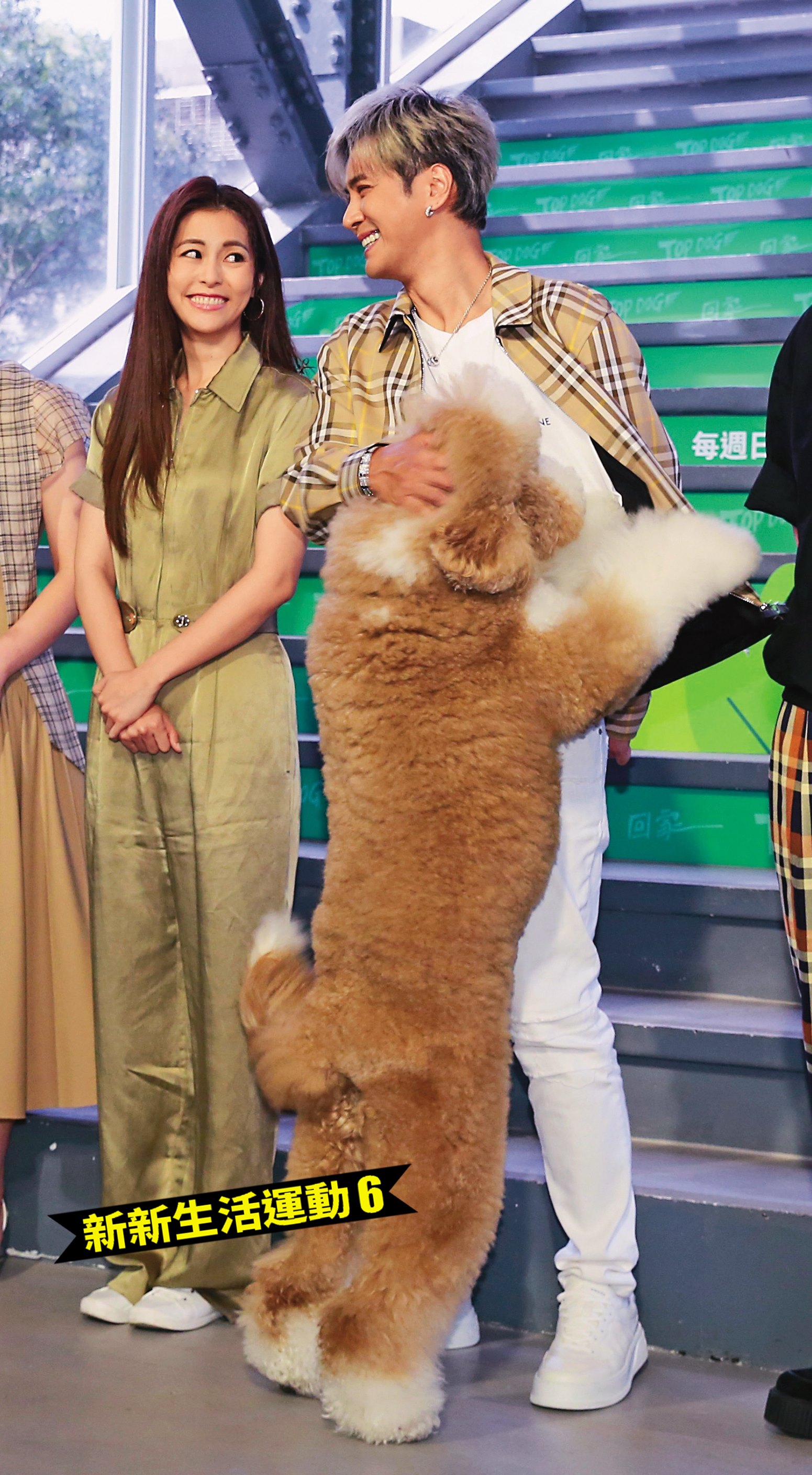 羅志祥（右）的愛犬Yuki嗨到撲上身，任容萱（左）不禁大笑。狗狗OK，其他野女人千萬不能接受啊～（白龍王式叮嚀）